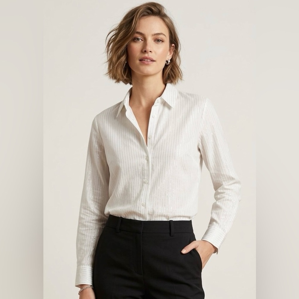 Sag Harbor White Long-Sleeve Button-Down Shirt with Subtle Shimmer